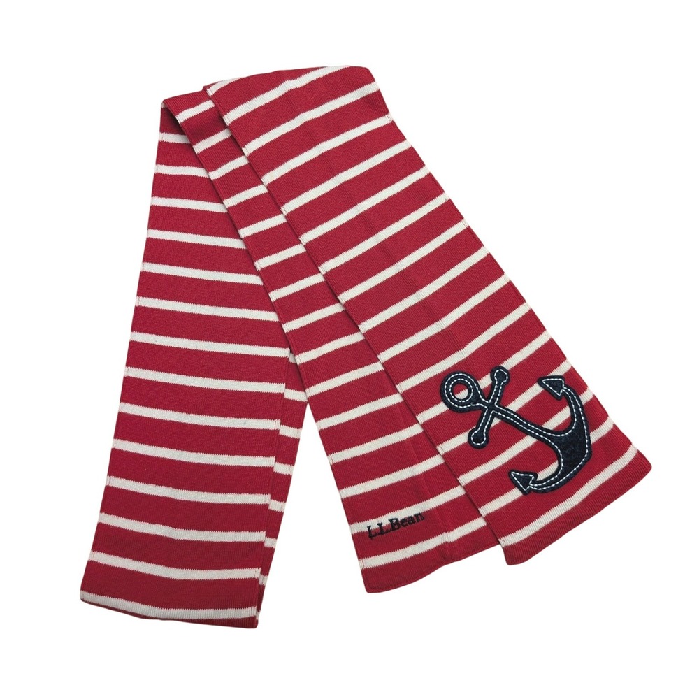 LL Bean Red White Striped Anchor‎ Knit Scarf Nautical Coastal Preppy Americana